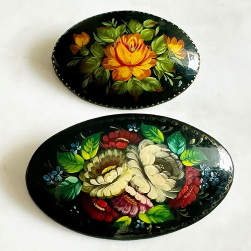 Russian hand-painted pins vintage 1980s used, pack of two