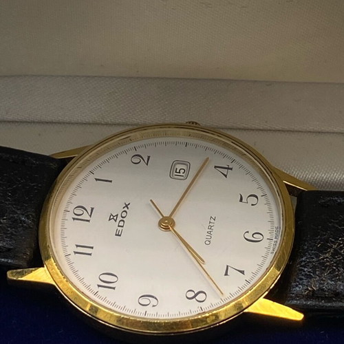 Edox Quartz wristwatch, Swiss made, gold plated, white dial