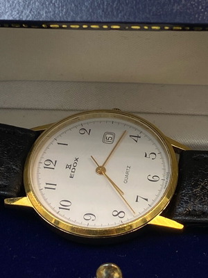 Edox Quartz wristwatch, Swiss made, gold plated, white dial