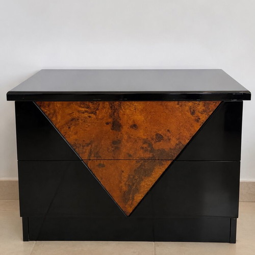 Modern nightstand like new with 2 drawers gloss black and burl wood