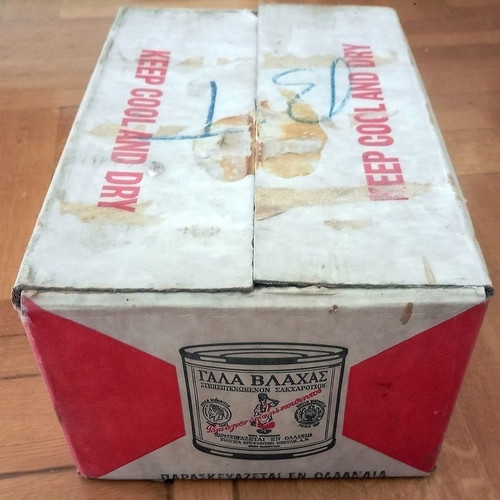 Collectible old Vlachas condensed milk box used