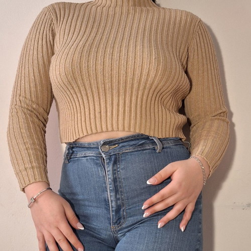 Beige knitted crop blouse like new with high neck