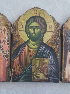 Triptych Icon of Christ with Saints Cyprian and Justina used, silk screen