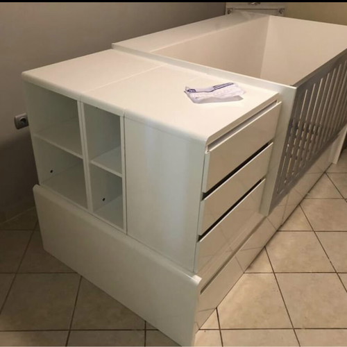 Cot that converts to bed with nightstand and desk used, with Greco strom mattress