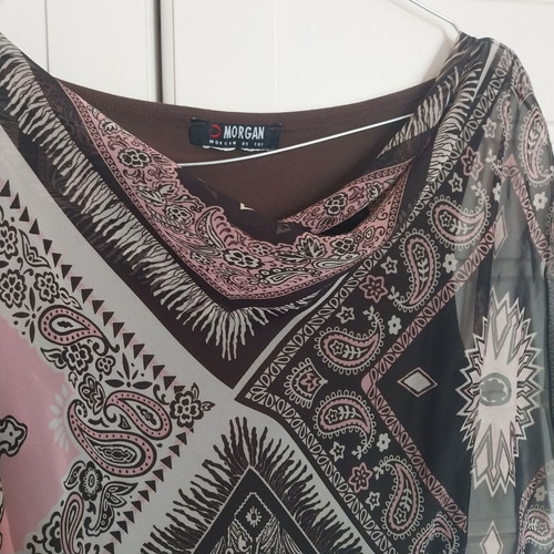 Morgan blouse like new, semi-transparent asymmetric, beige and brown