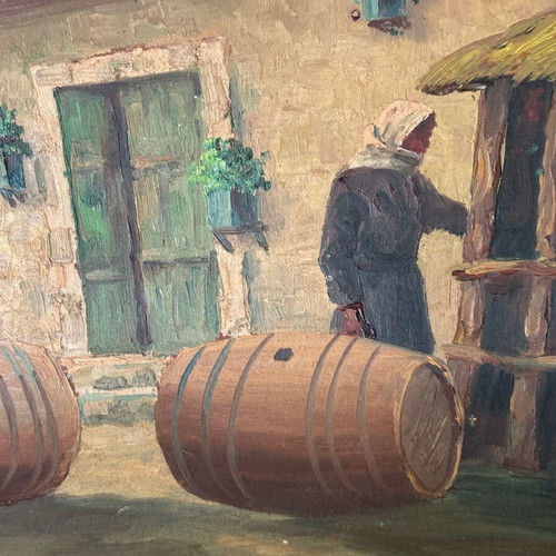 Painting used, signed, preparing barrels for wine storage