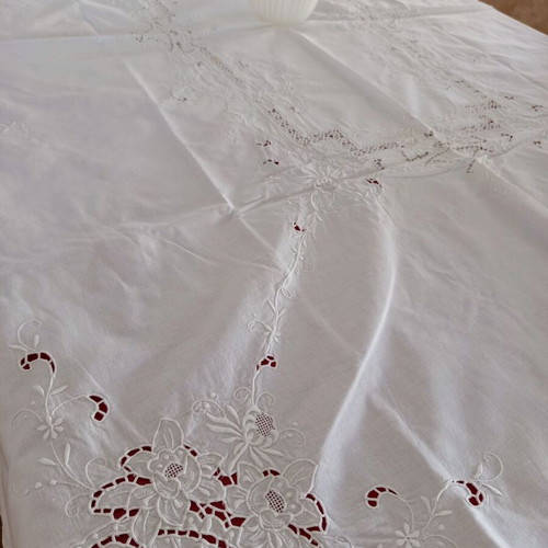 White Tablecloth with Embroidery and Cutwork used, 122x163 cm