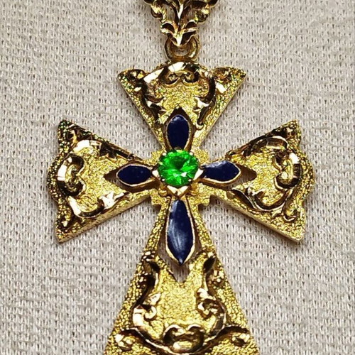 Handmade 14K Yellow Gold Orthodox Cross with Certified Tsavorite Garnet, New