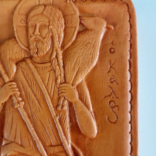 Jesus the Good Shepherd image new, made of wax, mastic and incense