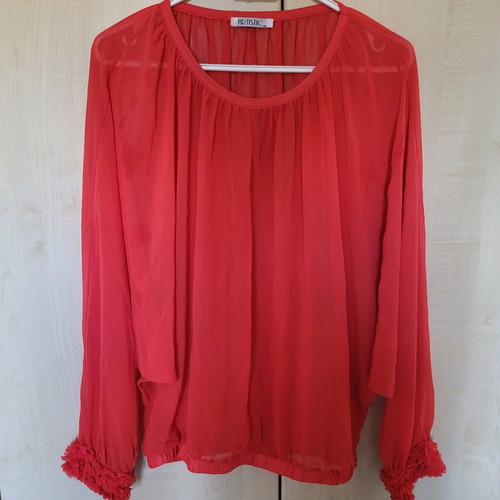 Coral sheer blouse like new with floral sleeve details