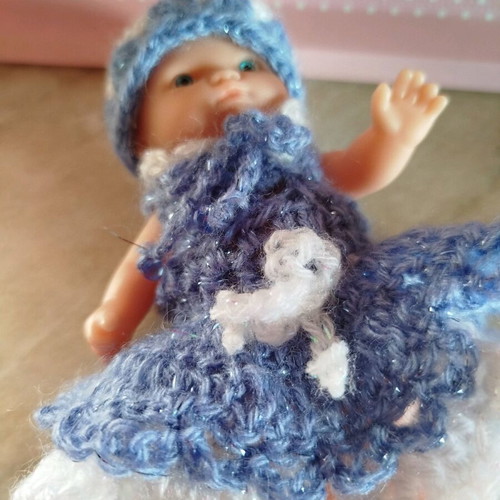 Doll with handmade dress and hat new, 10 cm