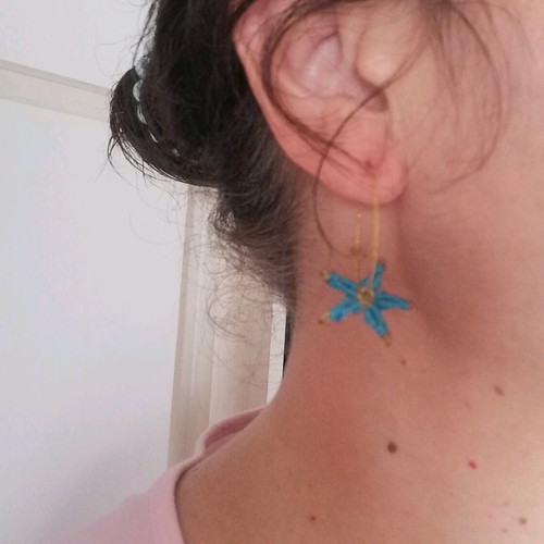 Macrame earrings like new, handmade blue starfish with steel hoops