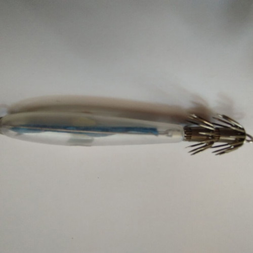 Squid jig new 8cm transparent with blue ribbon and two rows of needles