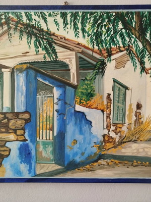 Painting on wood "Blue House" by Ch. Koiliaris like new