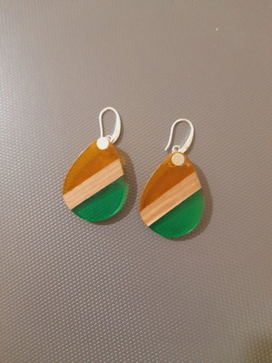Summer earrings with silver clasp, wood and resin, new