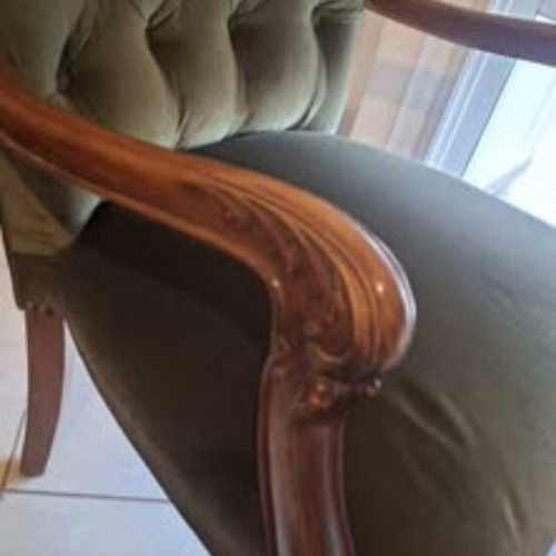 Classic vintage armchair solid walnut wood, velvet upholstery, olive green