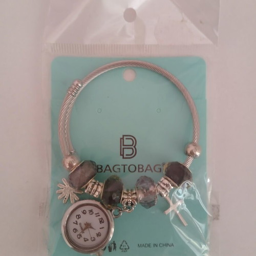 Silver bracelet with watch charm