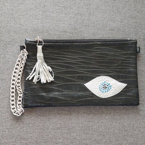 Handmade black wrist bag new from embossed leatherette