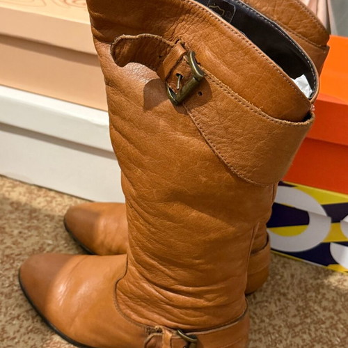 Leather brown mid-calf boots used, size 37