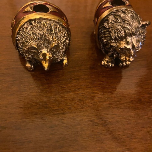 Hedgehog and lion set used, miniature enamel figurines