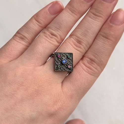 Byzantine ring used silver 925 with blue stone