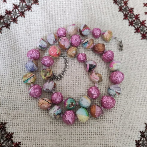 Pink pastel handmade papier-mâché necklace new