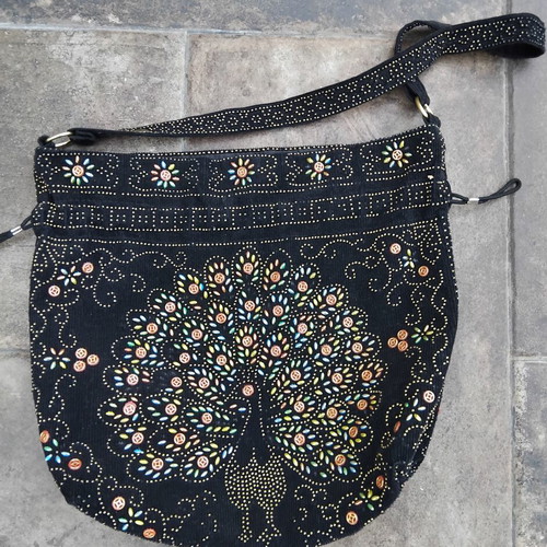 Vintage Handmade Shoulder Bag Pouch Black Embroidered Peacock