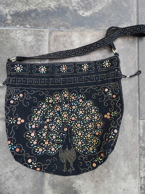 Vintage Handmade Shoulder Bag Pouch Black Embroidered Peacock