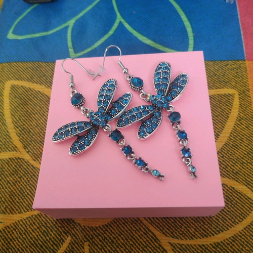 Dragonfly-shaped dangling earrings like new, blue and silver