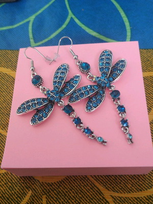 Dragonfly-shaped dangling earrings like new, blue and silver