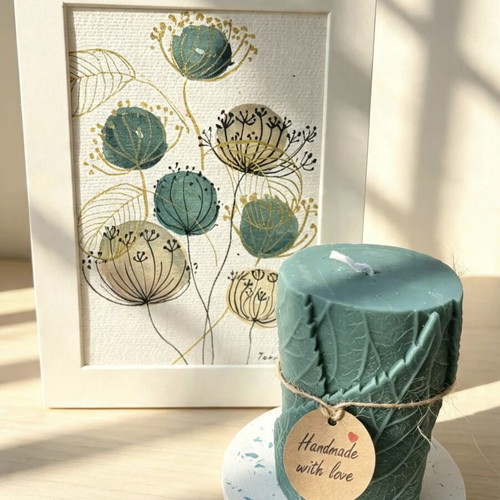 Original botanical painting, handmade candle, terrazzo coaster gift set