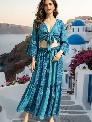 Boho 2-Piece Set with Crop Top and Maxi Skirt new, blue print
