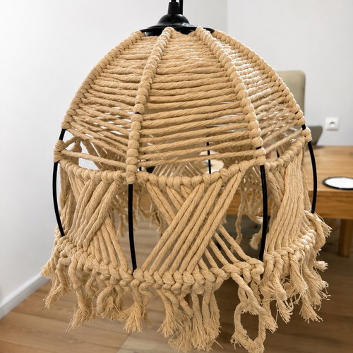 Handmade macramé ceiling light in natural beige