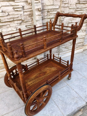 Carved Handmade Serving Trolley new with brass marquetry
