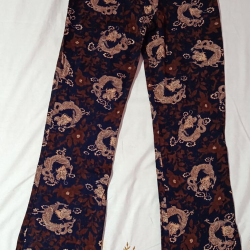 Vintage flare pants with oriental dragon pattern, blue and brown