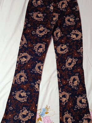 Vintage flare pants with oriental dragon pattern, blue and brown