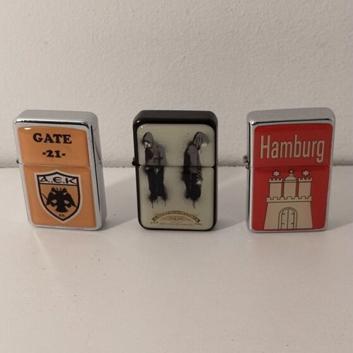 Metal collectible lighters used, set of 3 with AEK, Ultras, Hamburg designs