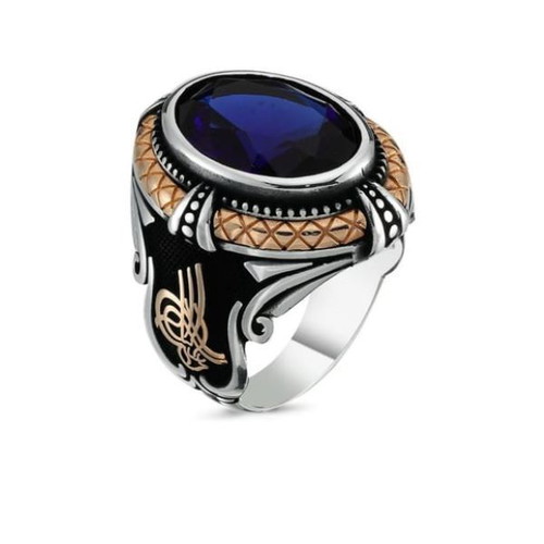 Men's Massive Ring with Blue Sapphire New, Silver Plated