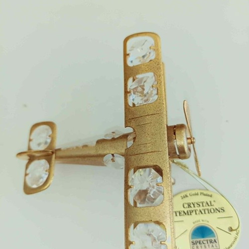 Airplane tabletop ornament gold color with white crystals new