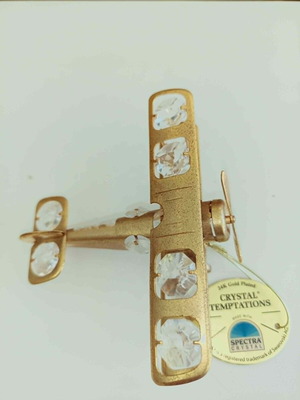 Airplane tabletop ornament gold color with white crystals new