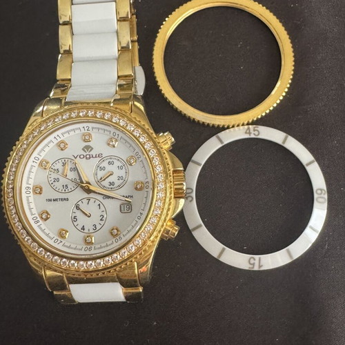 Vogue Chronograph Swiss Movement watch, gold and white, extra bezels and links