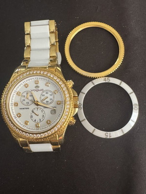 Vogue Chronograph Swiss Movement watch, gold and white, extra bezels and links