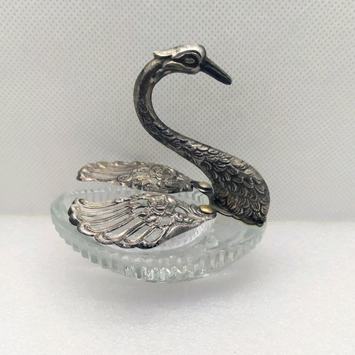 Vintage swan salt cellar used, glass and silver-plated metal
