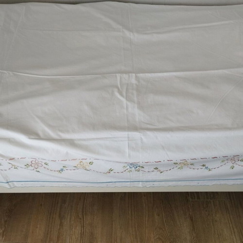 Handmade Double Bed Sheet Set with Pillowcases, Floral Embroidery, Like New