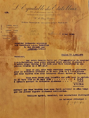 Equitable Insurance Letter Paris 1924 used