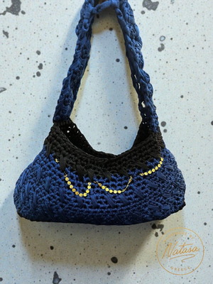 Handmade knitted shoulder bag blue and black, new