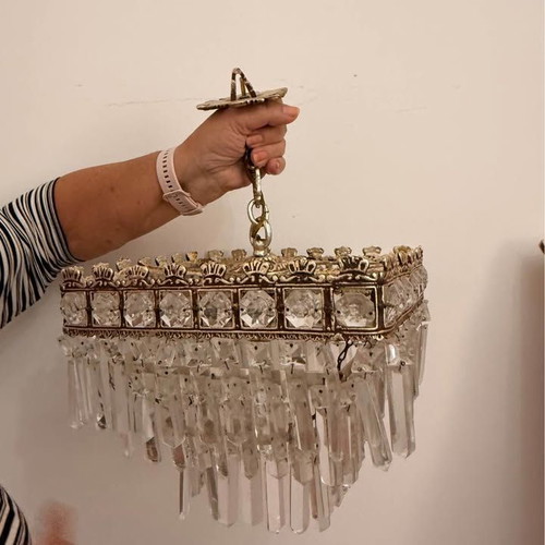 Brass chandelier with crystals like new, square design