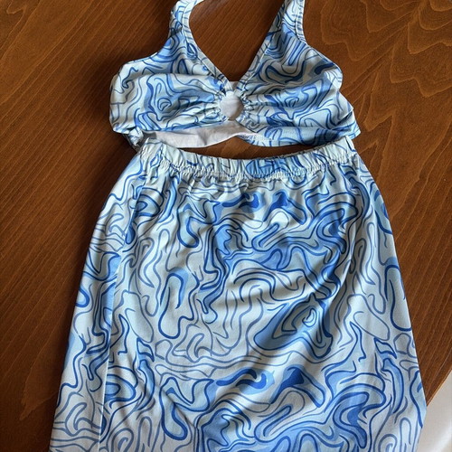 Shein Blue and White Swirl Print Halter Top and Skirt Set like new
