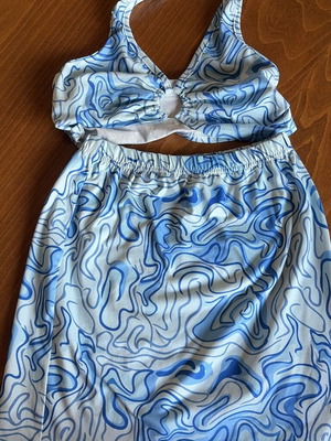 Shein Blue and White Swirl Print Halter Top and Skirt Set like new