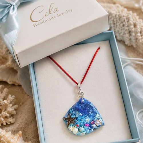 Handmade UNIQUE Long Necklace with Natural Shells, Pearls, and Corals in Liquid Glass